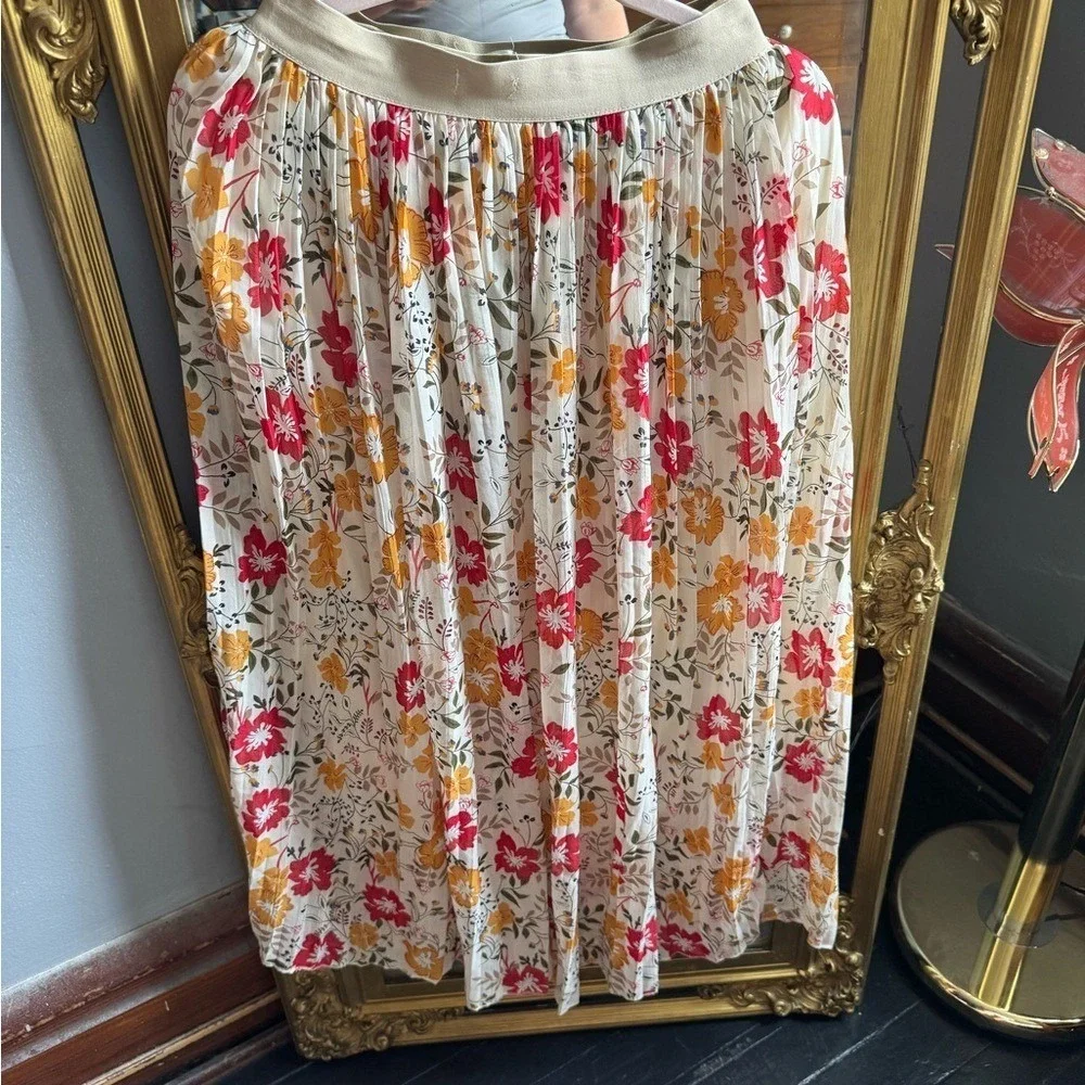 Madison Floral Pleated Midi‎ Skirt Women M L Elastic Waist White Red Yellow